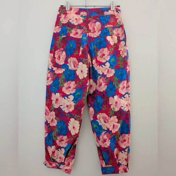 NWT Zara Bold Floral Cropped Cargo Ankle Pants Size S High Waist Pink Red Blue - Picture 10 of 16